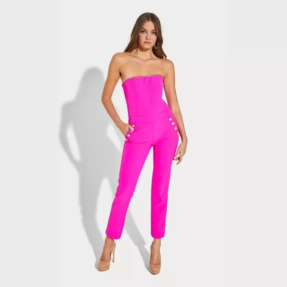 NWT Generation Love Alexis Crepe Pink Jumpsuit Size L Stretch Gold Chain $345 - Picture 3 of 6